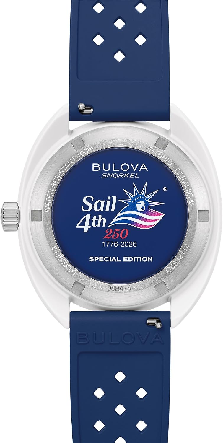 HOTBulova Men's Snorkel - America's 250th Sail 4th Special Edition: 41mm White Hybrid-Ceramic Case with a Blue Rubber Strap & Red Dial (Style: 98B474)