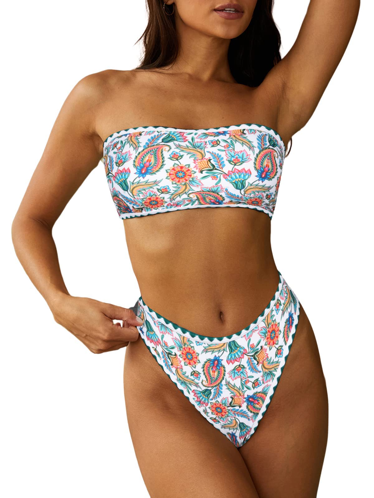 HOTZAFUL Women Strapless Bandeau Bikini 2 Piece Swimwear Lace up Bathing Suits | Strapless Textured Bikini Set Cheeky Solid Bandeau Bathing Suits