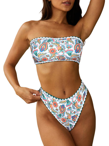 HOTZAFUL Women Strapless Bandeau Bikini 2 Piece Swimwear Lace up Bathing Suits | Strapless Textured Bikini Set Cheeky Solid Bandeau Bathing Suits