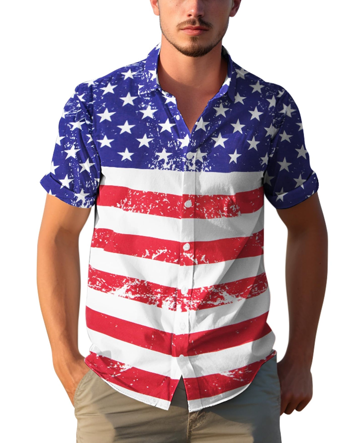HOTYoimira 4th of July Shirts for Men,Patriotic Grunge Concept USA Flag Button-Down Casual Short Sleeve Hawaiian Shirts for Men