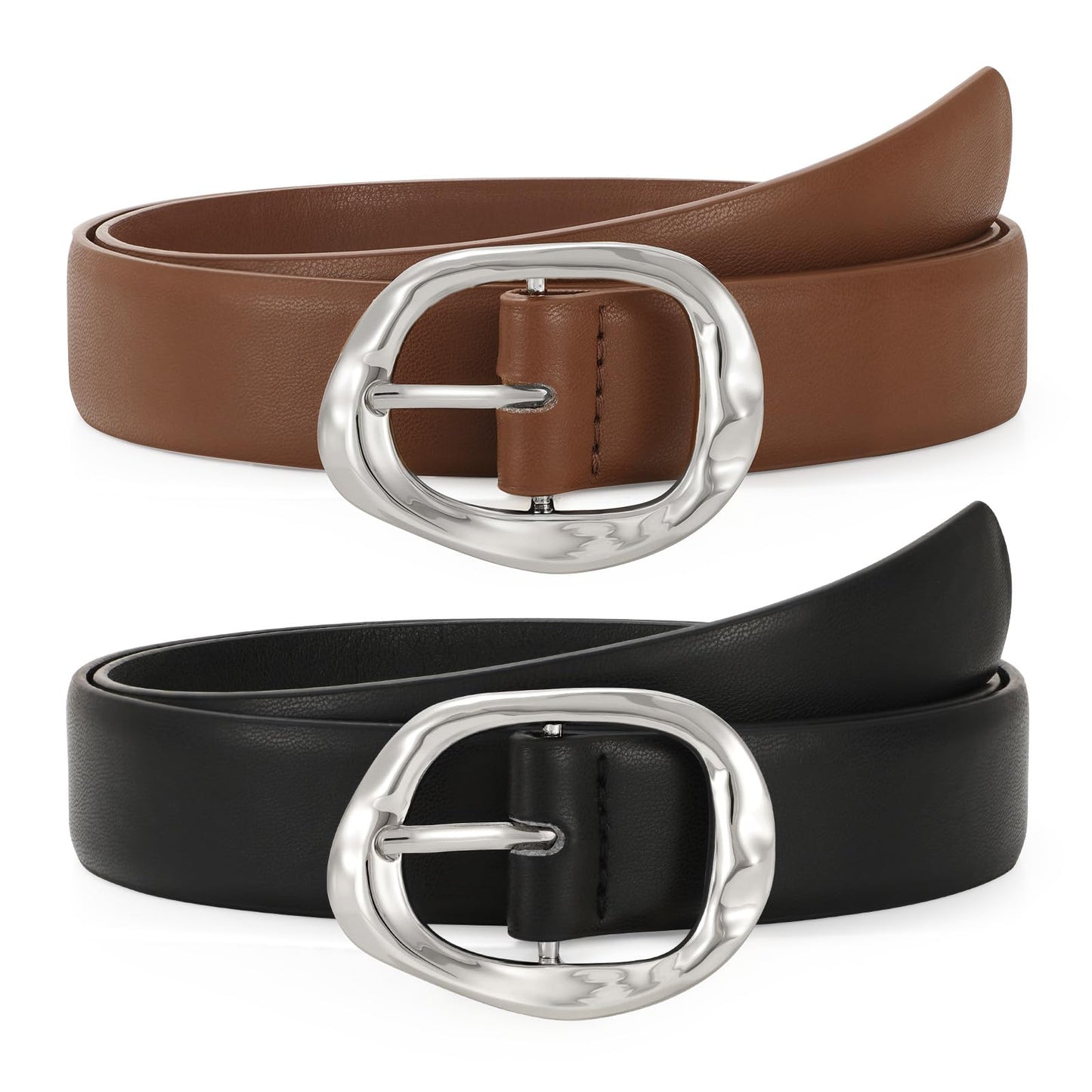HOTTRIWORKS 2 Pack Leather Belts for Women Fashion Waist Belt with Liquid Shapes Women Belt for Jeans Pants Dresses