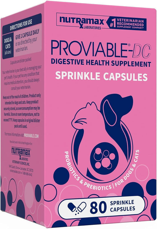 HOTNutramax Proviable Probiotics for Dogs and Cats, Daily Digestive Health Supplement with Multiple Strains of Bacteria, Cat and Dog Probiotics Plus Prebiotics, 80 Capsules