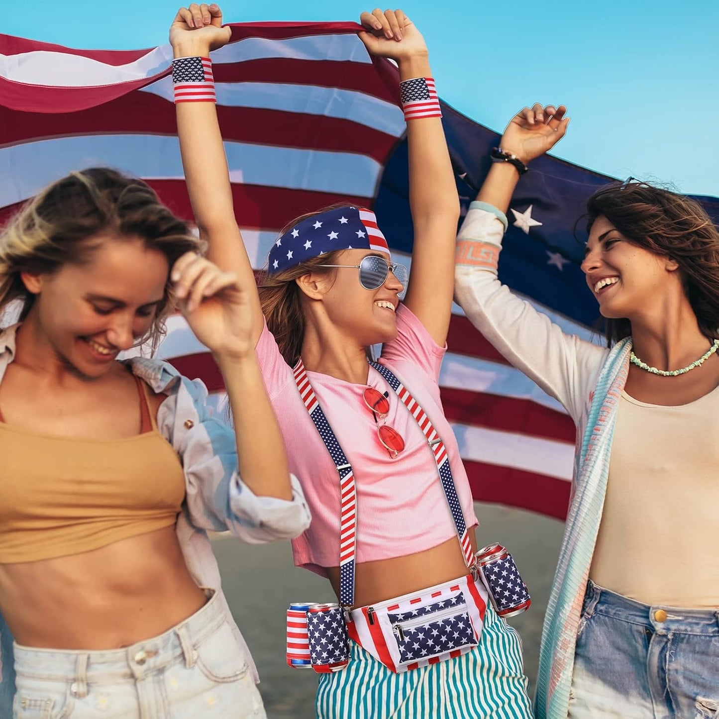 HOTTallew 9 Pcs 4th of July Fanny Pack American Flag Overalls 250 Years Patriotic American Flag Fanny Pack Beer Belt Suspenders Drink Holder Headband Wristband(Classic Style)