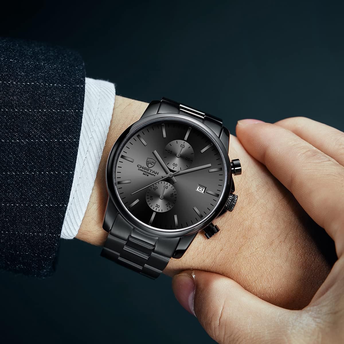 HOTGOLDEN HOUR Fashion Business Mens Watches with Stainless Steel Waterproof Chronograph Quartz Watch for Men, Auto Date