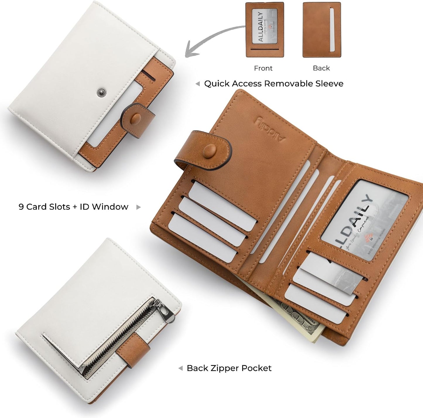 HOTAlldaily Small Slim RFID Blocking Leather Wallet for Women, Bifold with 10 Card Slots and Coin Pocket (White&Brown)