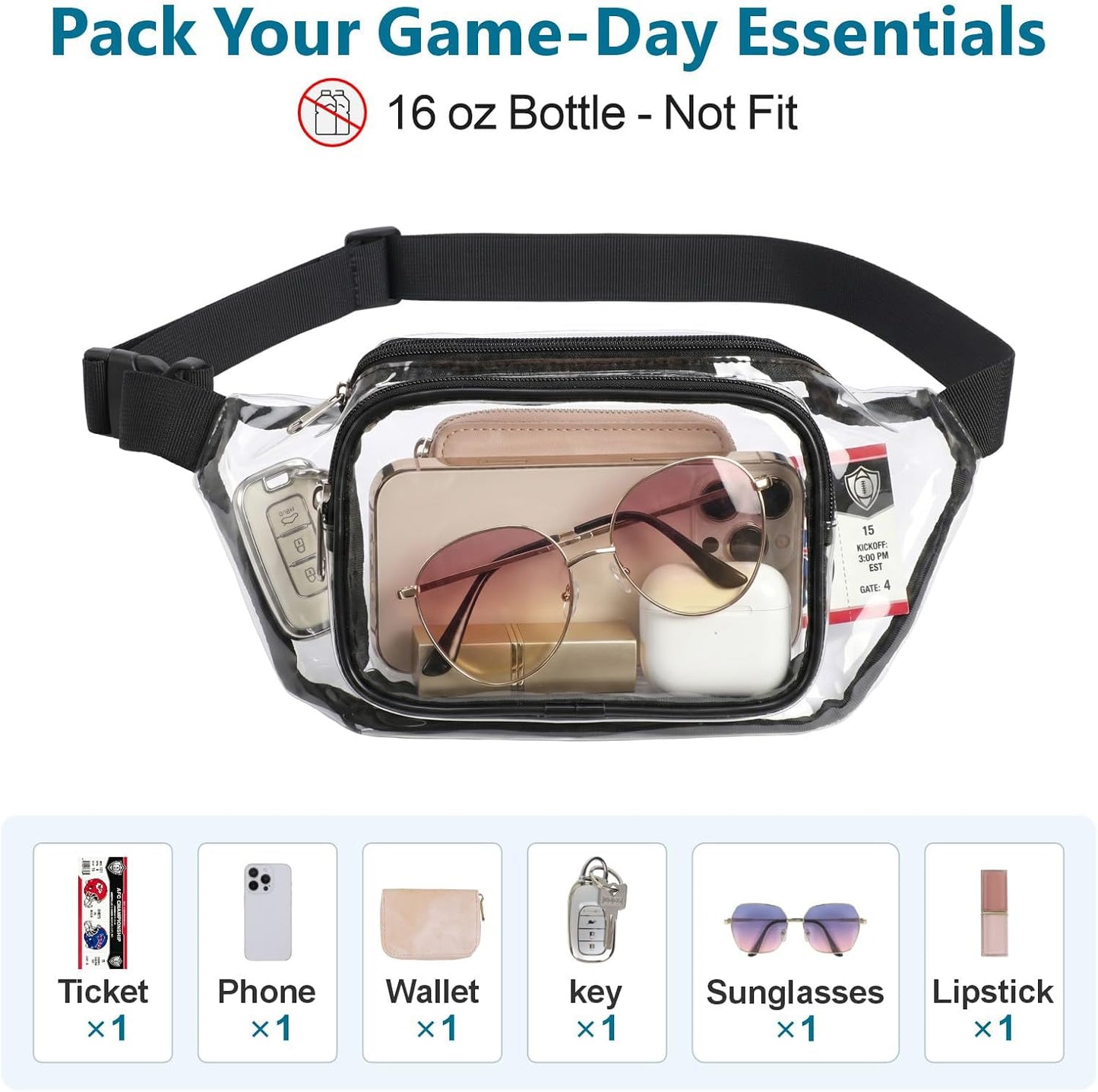 HOTVeckle Clear Fanny Pack Stadium Approved - Waist Belt Bag for Women, Black | Hands-Free Adjustable Strap, 2 Pockets Fit 7.5 in Phone, Water-Resistant for Sports Game Day Concerts Festival