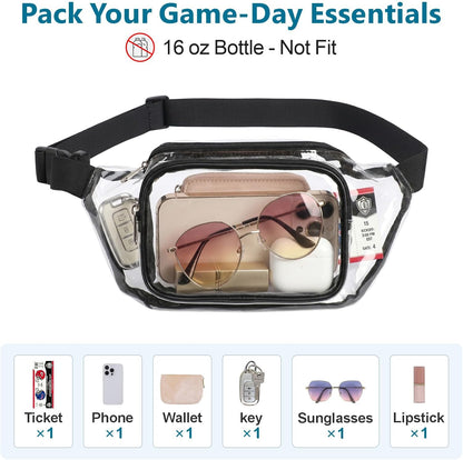 HOTVeckle Clear Fanny Pack Stadium Approved - Waist Belt Bag for Women, Black | Hands-Free Adjustable Strap, 2 Pockets Fit 7.5 in Phone, Water-Resistant for Sports Game Day Concerts Festival