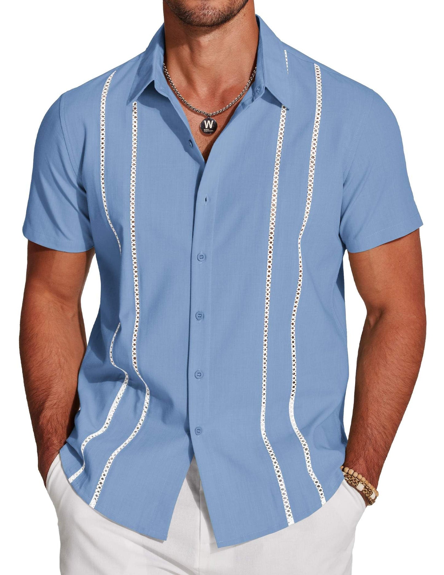 HOTCOOFANDY Men's Cuban Guayabera Shirt Short Sleeve Button Down Shirts Casual Summer Beach Linen Shirts