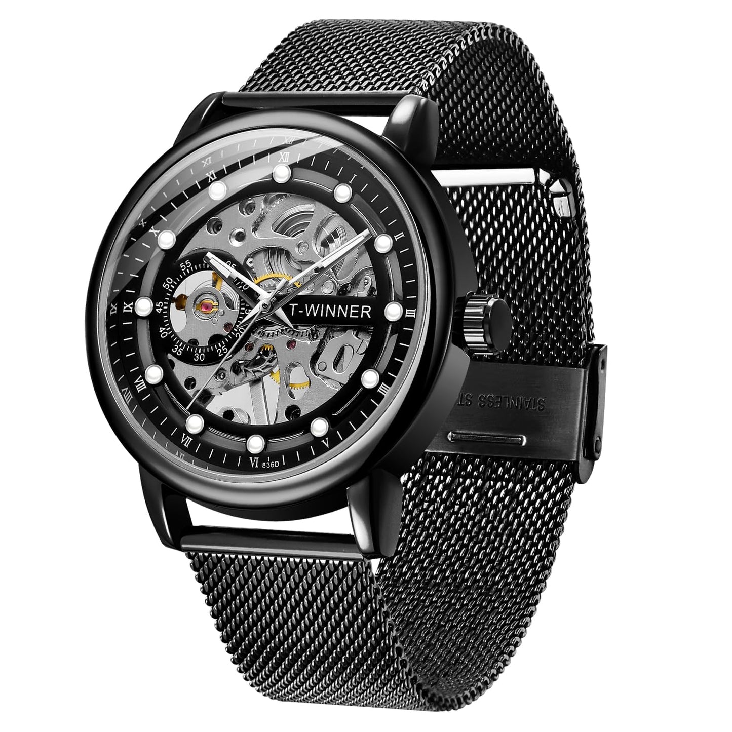 HOTMen's Skeleton Mechanical Roman Numeral Mesh Strap Watch, Hand Winding Mechanical Mesh Luminous Waterproof Watch for Men
