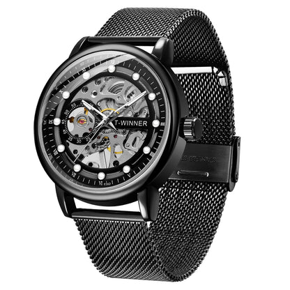 HOTMen's Skeleton Mechanical Roman Numeral Mesh Strap Watch, Hand Winding Mechanical Mesh Luminous Waterproof Watch for Men