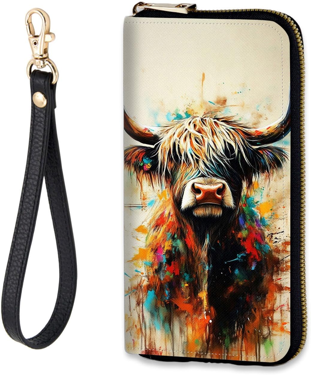 HOTWomen's RFID-Blocking Zip Around Wallet with Detachable Wrist Strap, Large Capacity Phone Holder Clutch Purse for Travel,Colorful Highland Cow Art