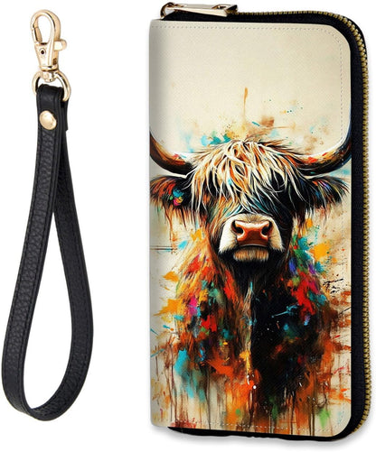 HOTWomen's RFID-Blocking Zip Around Wallet with Detachable Wrist Strap, Large Capacity Phone Holder Clutch Purse for Travel,Colorful Highland Cow Art