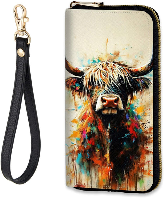 HOTWomen's RFID-Blocking Zip Around Wallet with Detachable Wrist Strap, Large Capacity Phone Holder Clutch Purse for Travel,Colorful Highland Cow Art