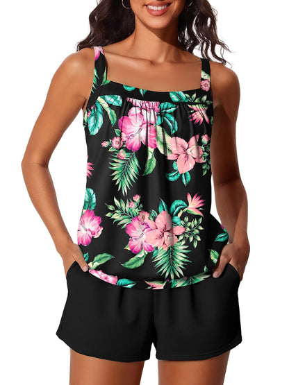 HOTSummer Mae Blouson Womens Tankini Swimsuits Tummy Control Bathing | Modest tankini with adjustable straps,built-in brief,swim shorts with pockets,plus for beach,pool,vacation