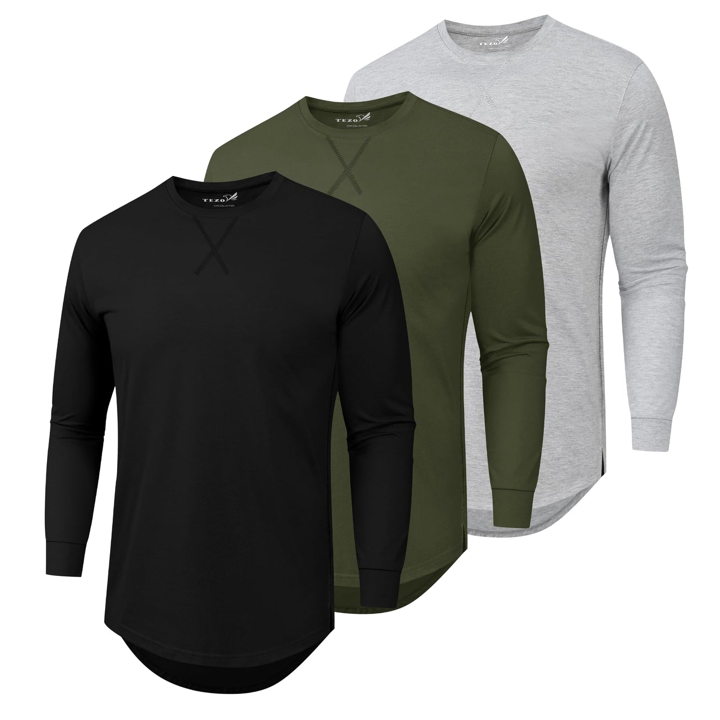 HOTMens 3 Pack Plain Cotton Shirts Short Sleeve Casual Crew Neck T-Shirts Hipster Hip Hop Longline Tees Drop Cut Curved Hem