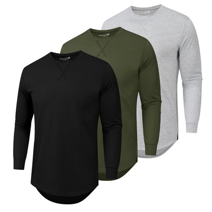 HOTMens 3 Pack Plain Cotton Shirts Short Sleeve Casual Crew Neck T-Shirts Hipster Hip Hop Longline Tees Drop Cut Curved Hem