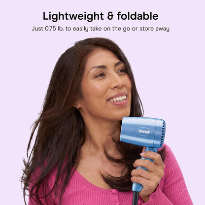 HOTConair Dual Voltage Hair Dryer, Compact Folding Handle Design, 1600W | Travel blow dryer for on-the-go styling with foldable 0.75-lb design, high-velocity airflow, and various heat/speed settings