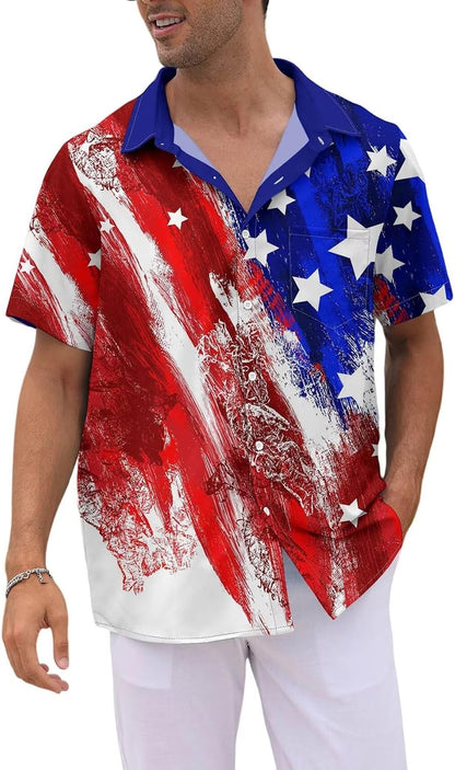 HOTWHO IN SHOP Men's 4th of July American Flag Patriotic Shirts Short Sleeve Button Up USA Memorial Day Shirts