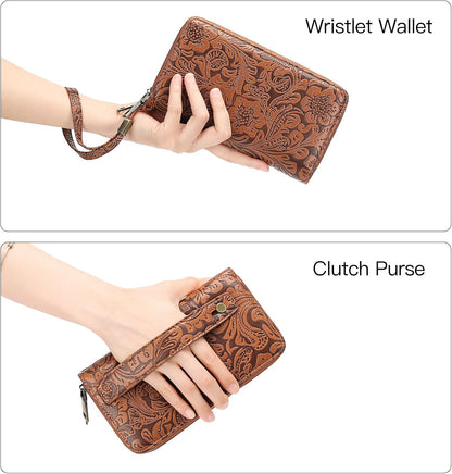 HOTGOIACII Women's Wallet Wristlet Ladies Phone Purse RFID Blocking Large Card Holder Double Zip Grip Strap Vegan Leather
