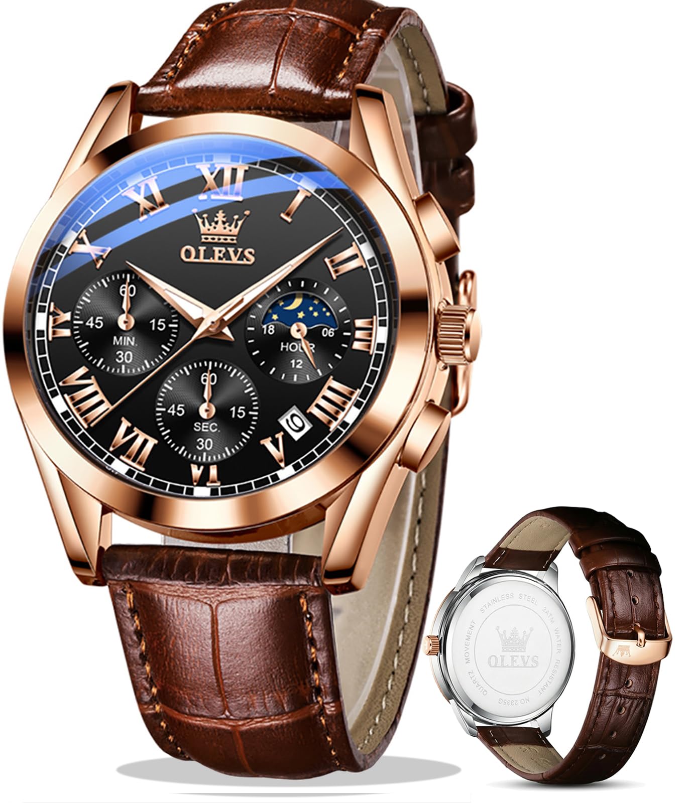 HOTOLEVS Men's Leather Analog Quartz Watch - Luxury Chronograph Wristwatch with Date, Waterproof, Luminous - Dress Style