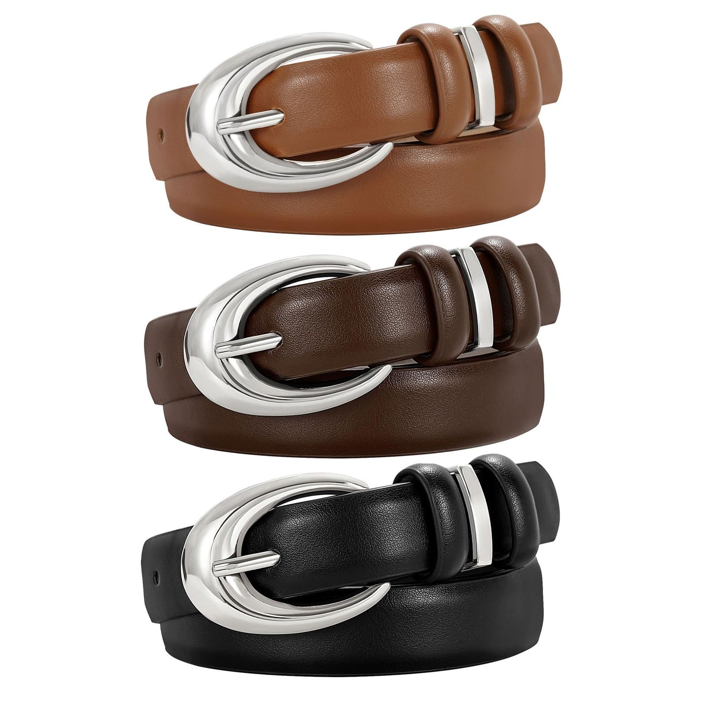 HOTTRIWORKS 3 Pack Women Leather Belt for Jeans Pants Fashion Ladies Faux Leather Belt with Gold Buckle