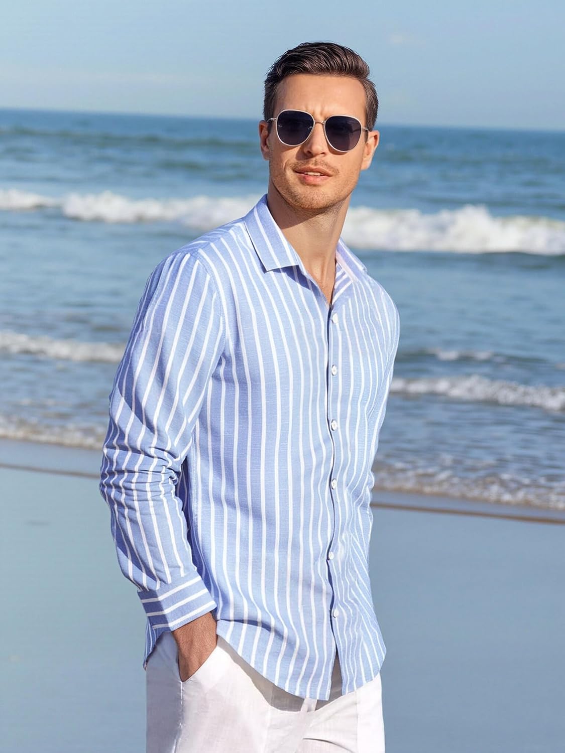 HOTAlex Vando Mens Linen Shirts Long Sleeve Button Down Striped Beach Shirt | Breathable Skin-Friendly Anti-Shrink Fabric, Classic Stripes For Casual Style, All-Day Comfort, Easy Care