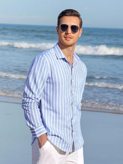 HOTAlex Vando Mens Linen Shirts Long Sleeve Button Down Striped Beach Shirt | Breathable Skin-Friendly Anti-Shrink Fabric, Classic Stripes For Casual Style, All-Day Comfort, Easy Care