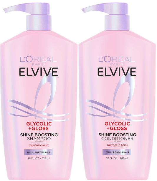 HOTL'Oreal Paris Elvive Glycolic + Gloss Shine Boosting Shampoo and Conditioner Set, Cleanses and Smooths Dull, Porous Hair Into High-Shine, Glossy Hair, 56 Fl Oz Set