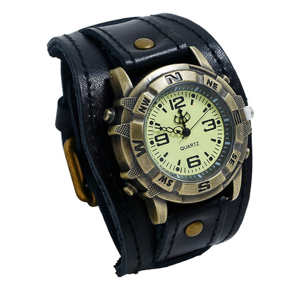 HOTAvaner Men's Vintage Leather Watches: Retro Punk Wide Band Cuff Steampunk Analog Quartz Wrist Watch