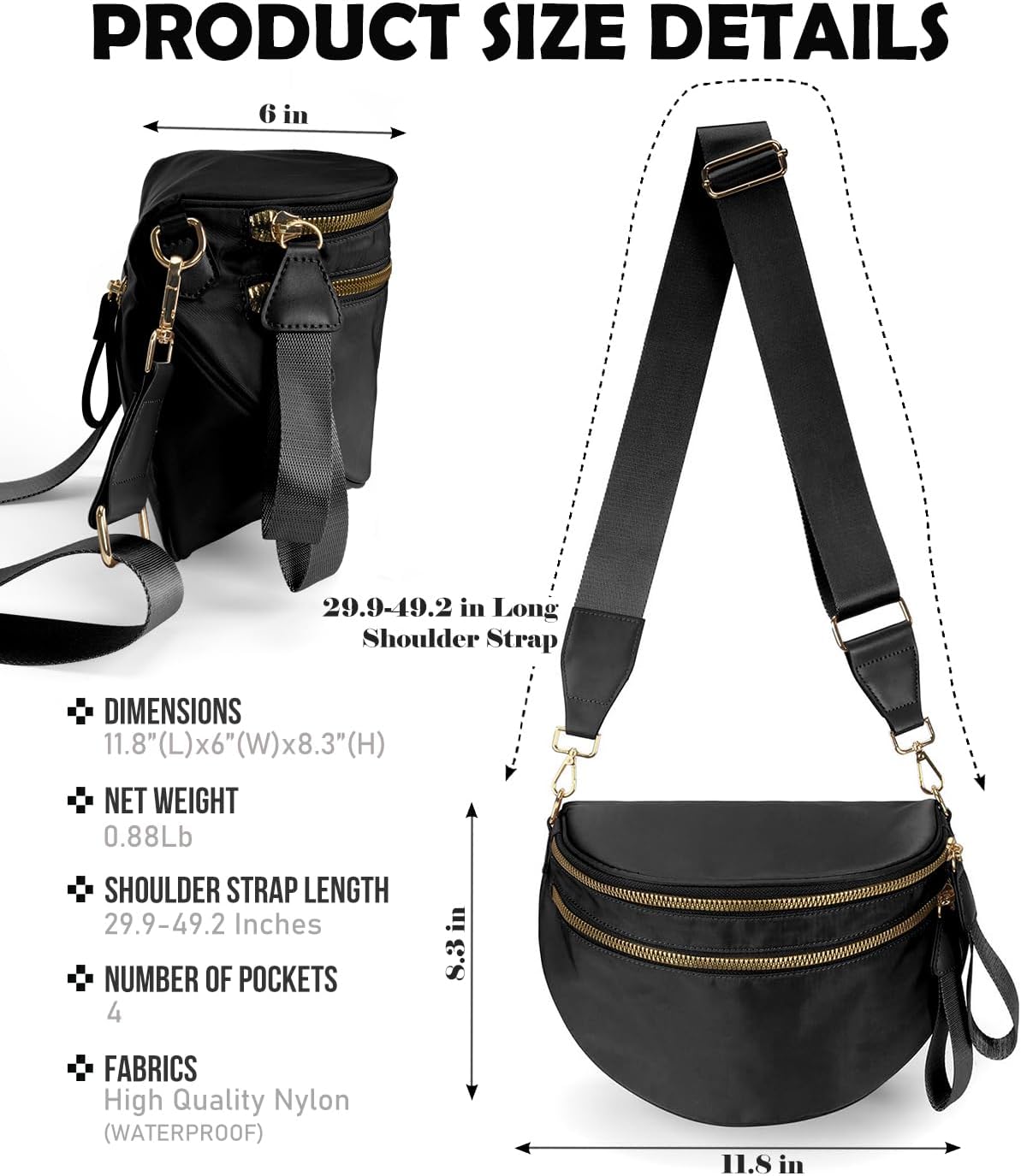 HOTPure Colour Crossbody Bag Bum Bag for Women,Spacious Purse Fanny Packs Belt Bag,Oversized Bum Bag (Colour Bum Bag-Black)