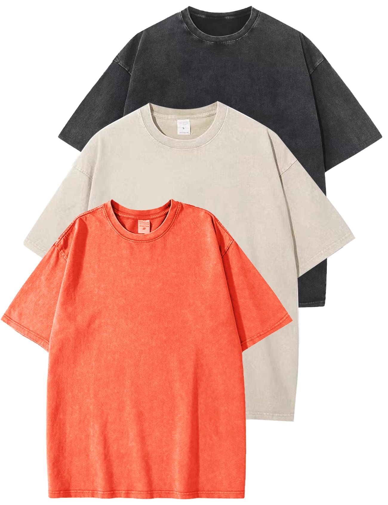 HOTFlygo 3 Pack Men Oversized T Shirts Acid Washed Unisex Tee Loose Fit Short Sleeve Casual Streetwear Baggy Basic Tops