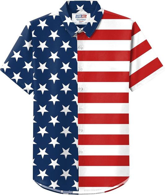 HOTArvilhill Men American Flag Button Shirt 4th of July Short Sleeve Shirts (S-3XL)