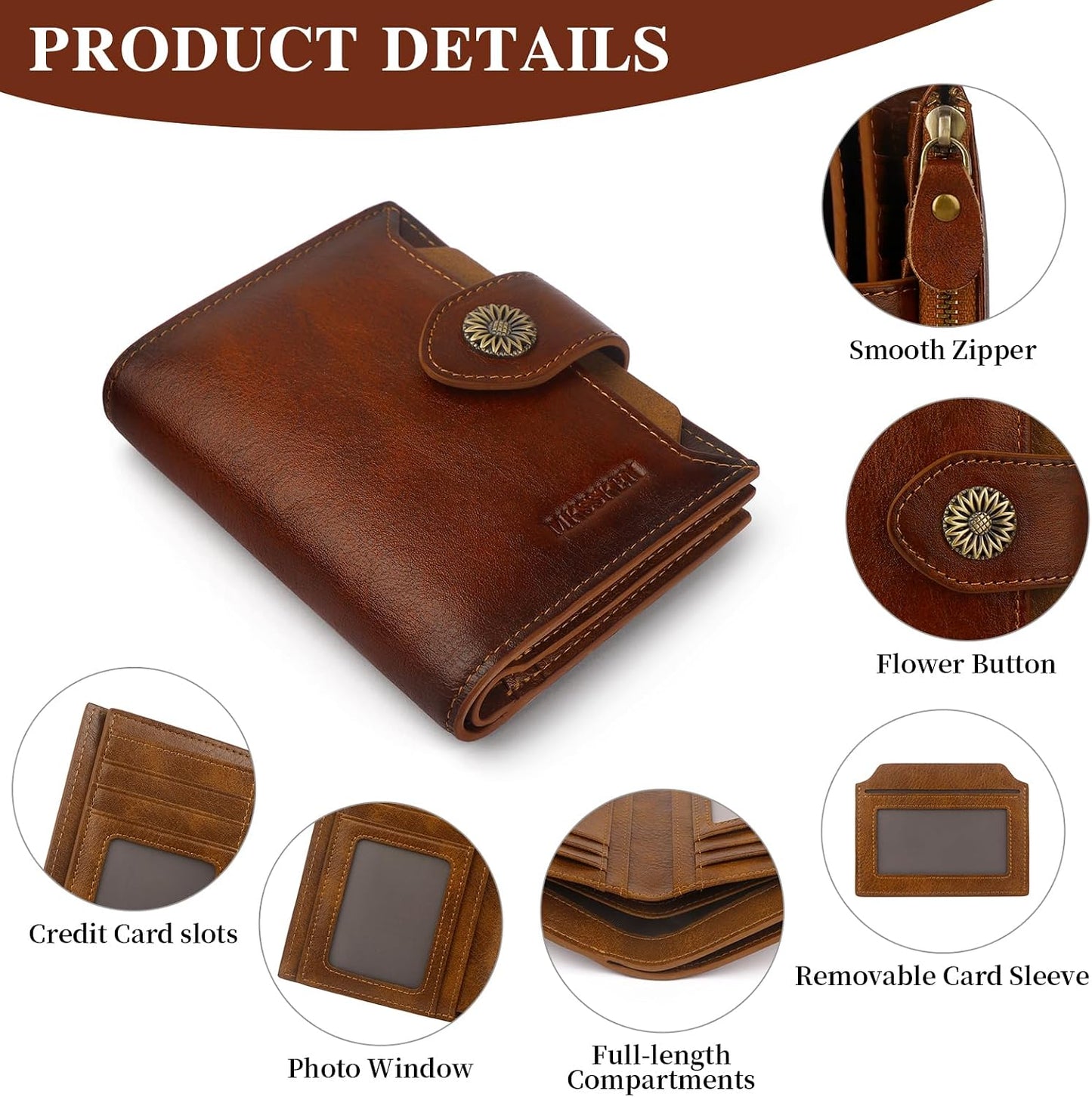 HOTRFID Wallet Women,Bifold Leather Womens Wallet,Compact Designer Carteras Para Mujer Card Holder with Removable ID Window(darkbrown)