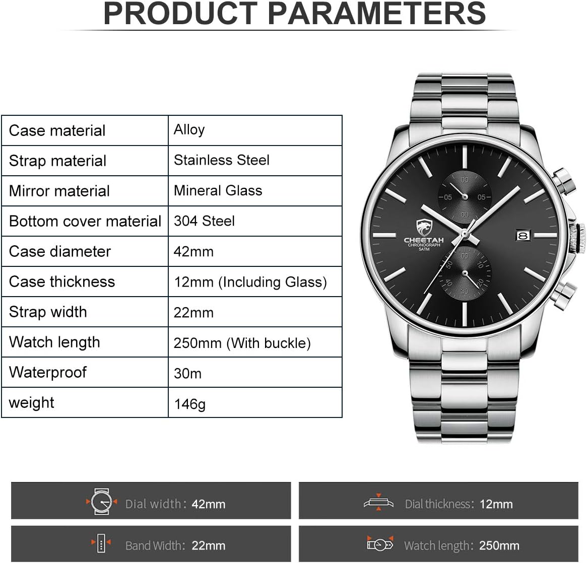 HOTGOLDEN HOUR Fashion Business Mens Watches with Stainless Steel Waterproof Chronograph Quartz Watch for Men, Auto Date