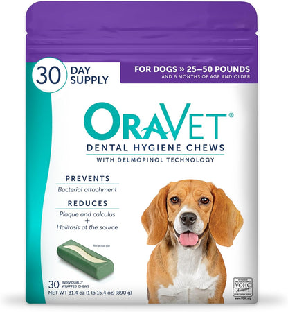 HOTORAVET Dental Chews for Dogs, Oral Care and Hygiene Chews (Medium Dogs, 25-50 lbs.) Purple Pouch, 30 Count | VOHC-accepted dual-action chew reduces plaque & tartar, freshens breath barrier vet-recommended purple pack