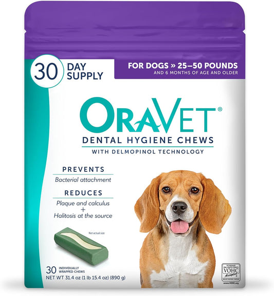 HOTORAVET Dental Chews for Dogs, Oral Care and Hygiene Chews (Medium Dogs, 25-50 lbs.) Purple Pouch, 30 Count | VOHC-accepted dual-action chew reduces plaque & tartar, freshens breath barrier vet-recommended purple pack
