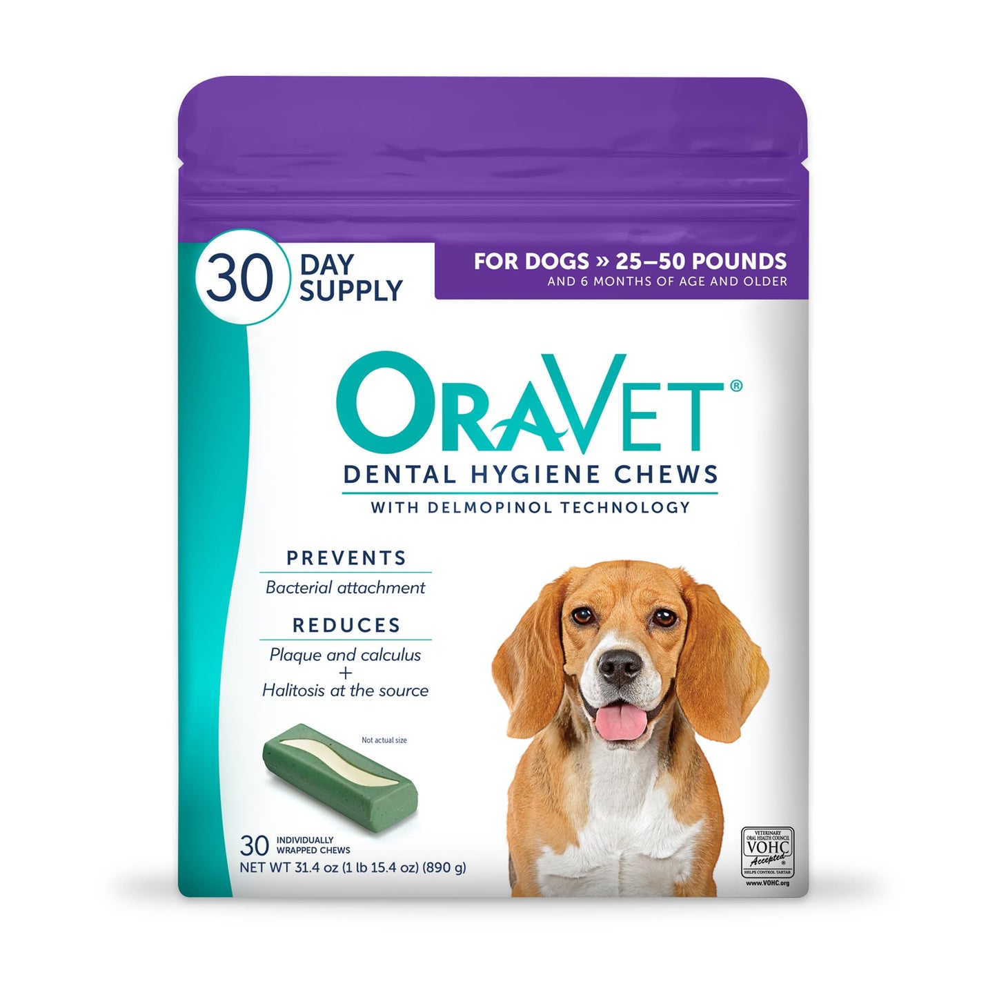 HOTORAVET Dental Chews for Dogs, Oral Care and Hygiene Chews (Medium Dogs, 25-50 lbs.) Purple Pouch, 30 Count | VOHC-accepted dual-action chew reduces plaque & tartar, freshens breath barrier vet-recommended purple pack
