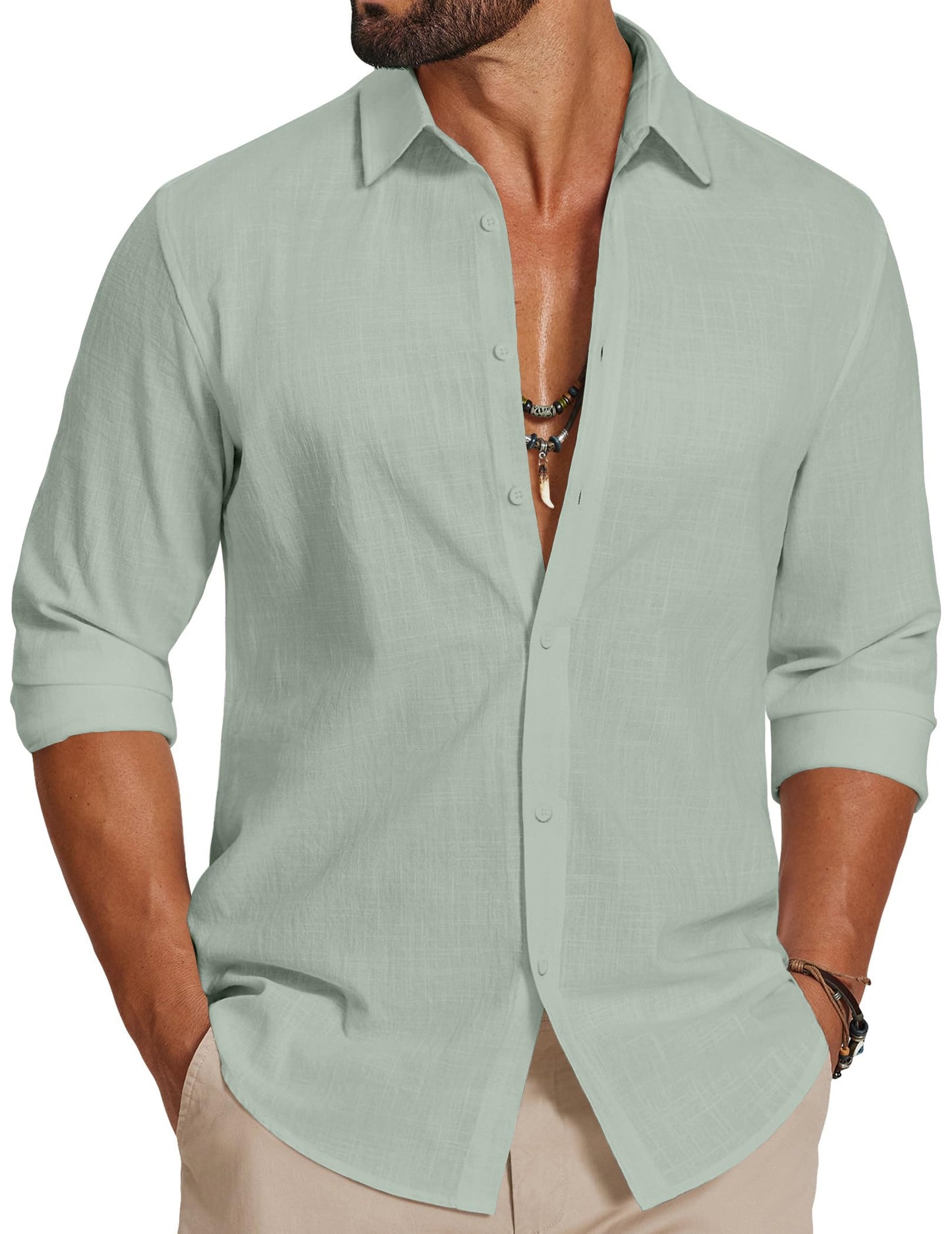 HOTCOOFANDY Men's Casual Button Down Shirts Long Sleeve Cotton Beach Wedding Shirt Summer Linen Shirt for Men