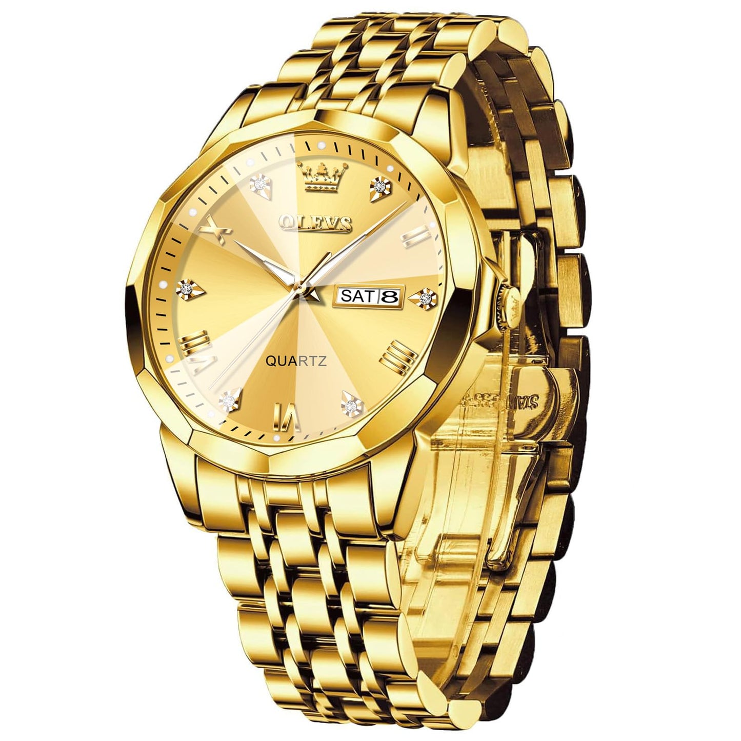 HOTOLEVS Men's Casual Stainless Steel Watch, Big Face Easy to Read Analog Quartz Watch with Day and Date, Classic Waterproof Diamond Roman Arabic Numeral Dial Dress Watch for Men, Gold Silver Black Band