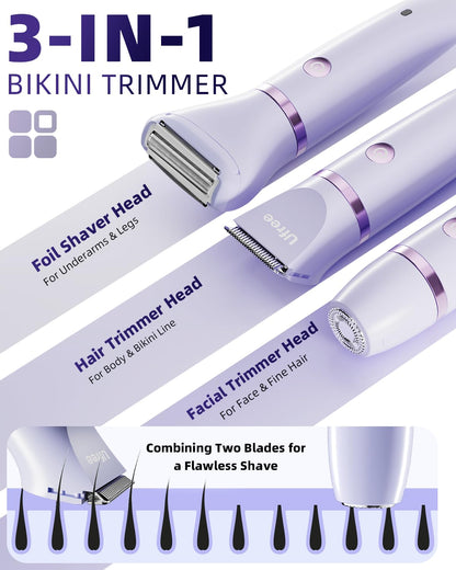 HOTUfree Bikini Trimmer Electric Razors for Women, Ceramic Blade Body Hair Trimmer, IPX7 Waterproof Rechargeable Lady Shaver, Personal Groomer for Legs & Pubic Hair, Gifts for Women, Purple