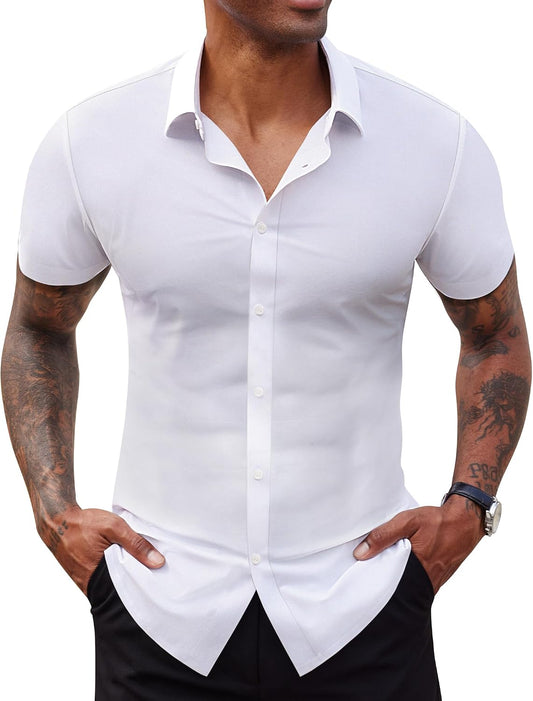 HOTLion Nardo Stretch Dress Shirts for Men Short Sleeve Slim Fit Casual Button Down Shirts Muscle Fit Men's Dress Shirts