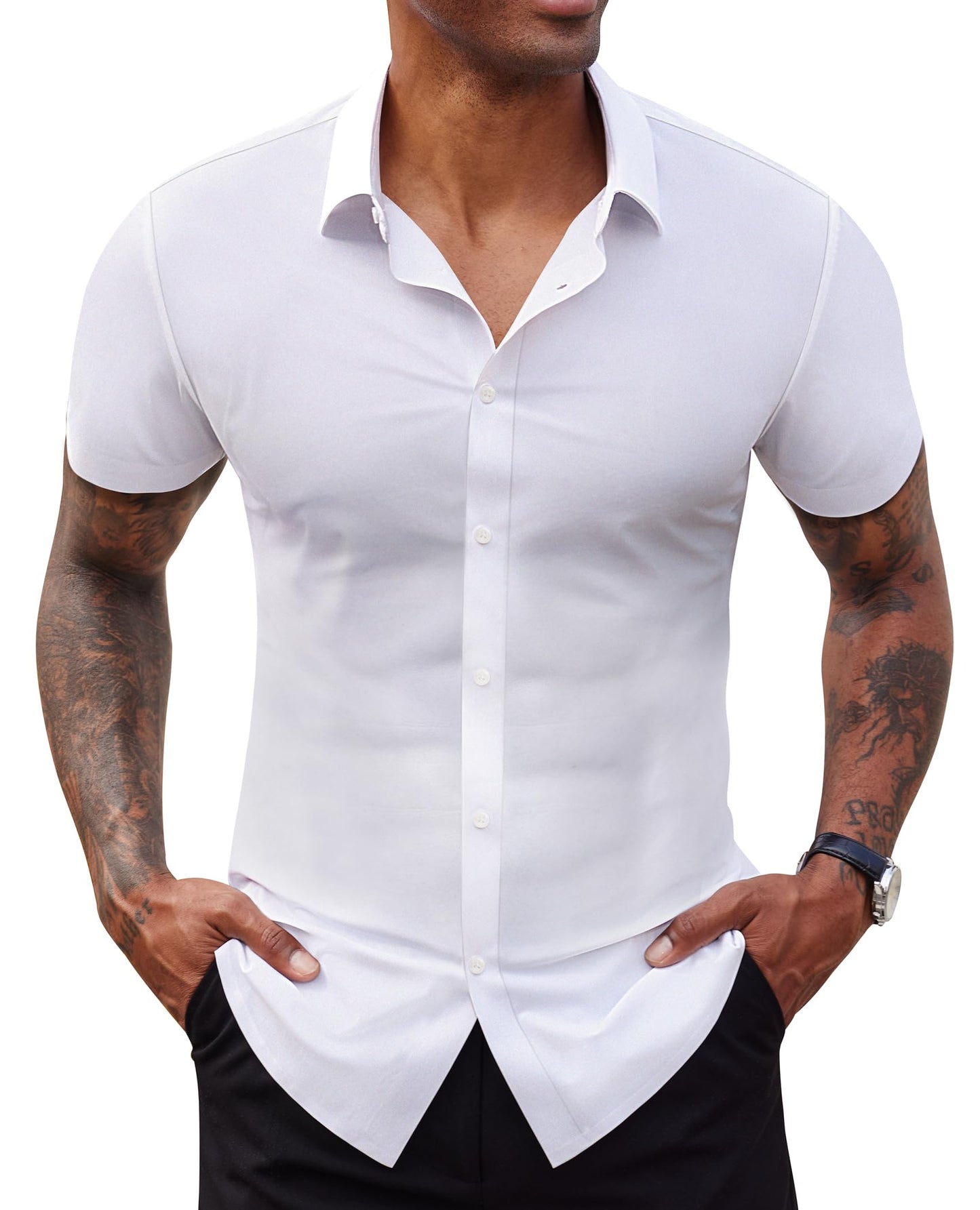 HOTLion Nardo Stretch Dress Shirts for Men Short Sleeve Slim Fit Casual Button Down Shirts Muscle Fit Men's Dress Shirts