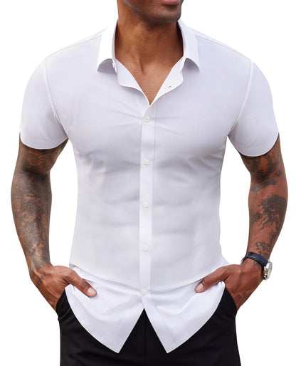HOTLion Nardo Stretch Dress Shirts for Men Short Sleeve Slim Fit Casual Button Down Shirts Muscle Fit Men's Dress Shirts