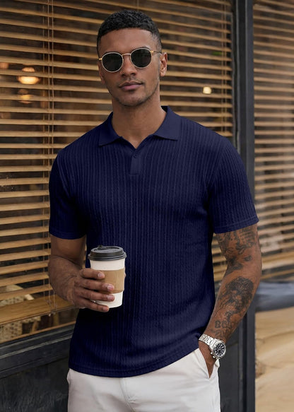 HOTJMIERR Mens Casual Polo Shirt Summer Short Sleeve Vacation Button Beach Knit Stretchy Golf Shirts