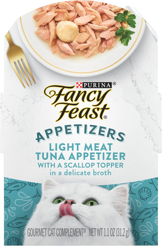HOTPurina Fancy Feast Appetizers Lickable Grain Free Wet Cat Food Topper Light Meat Tuna Appetizer with Scallop - (Pack of 10) 1.1 oz. Trays