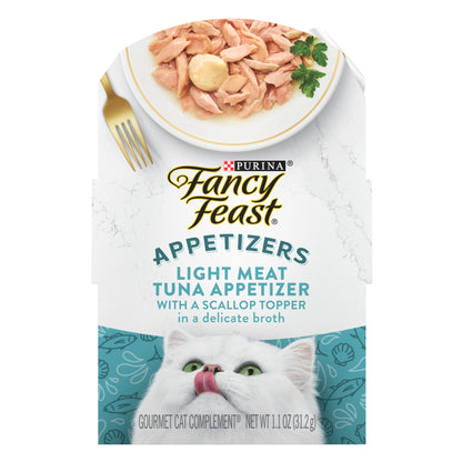 HOTPurina Fancy Feast Appetizers Lickable Grain Free Wet Cat Food Topper Light Meat Tuna Appetizer with Scallop - (Pack of 10) 1.1 oz. Trays