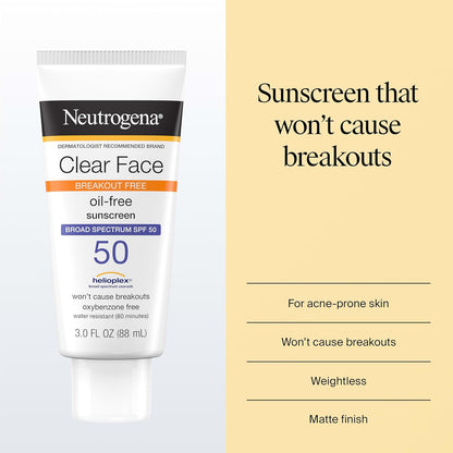 HOTNeutrogena Clear Face Sunscreen Lotion SPF 50 for Acne-Prone Skin Broad Spectrum UVA UVB Protection Oil-Free No-Fragrance No-Oxybenzone Water-Resistant Daily Face Moisturizer, 3 fl oz