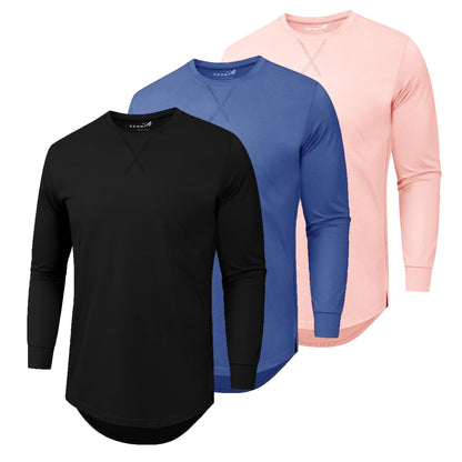 HOTMens 3 Pack Plain Cotton Shirts Short Sleeve Casual Crew Neck T-Shirts Hipster Hip Hop Longline Tees Drop Cut Curved Hem
