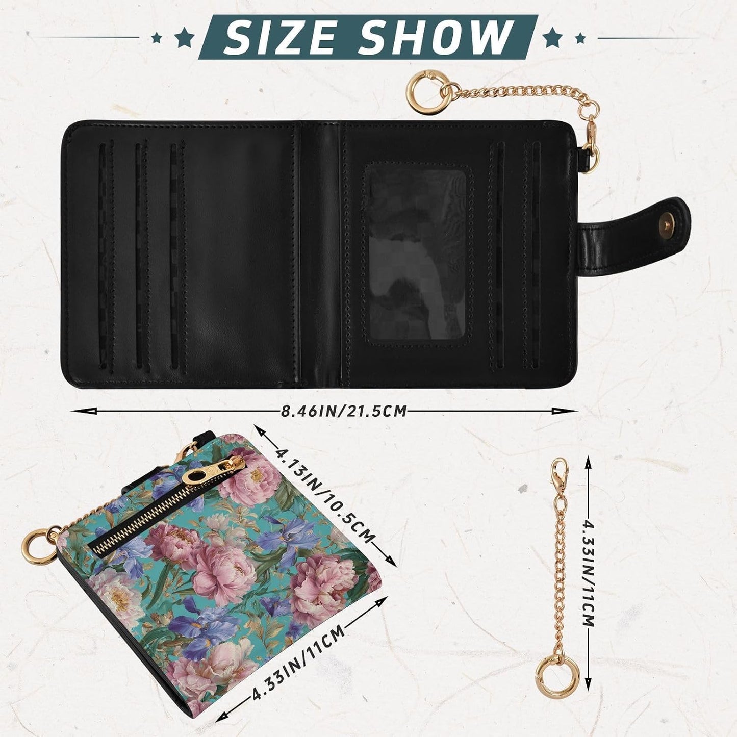 HOTElegant Peonies and Irises Rfid Women Wallet 1 Pack Cute Coin Purse PU Leather Small Wallets Credit Card Holder Bifold Zipper Thin Travel Wallet for Female Ladies Teen Girls Girly