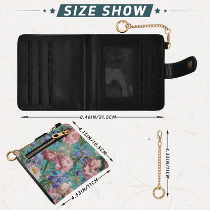 HOTElegant Peonies and Irises Rfid Women Wallet 1 Pack Cute Coin Purse PU Leather Small Wallets Credit Card Holder Bifold Zipper Thin Travel Wallet for Female Ladies Teen Girls Girly
